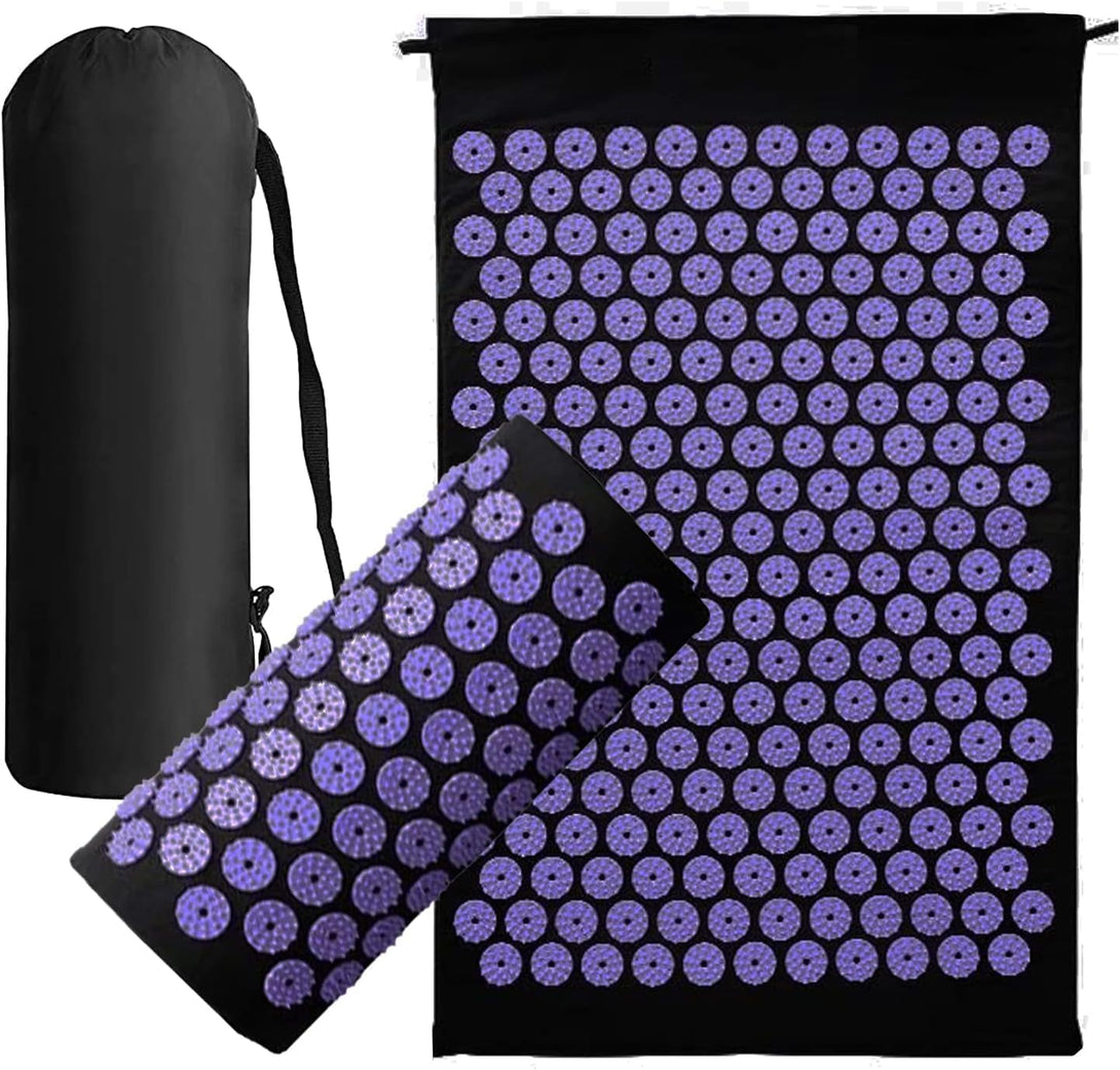 Acupressure Mat Generise Accupressure Body Mat and Pillow Set for Men & Women - Back, Neck and Muscle Pain Relief - Includes Travel Bag with Adjustable Strap (Black with Purple Spikes)