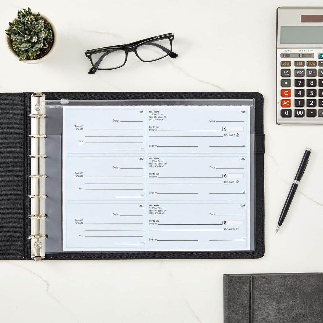 7-Ring Business Check Binder for Checkbooks Organization, Financial Records, Personal and Corporate Use, Black Faux Leather Folder for 600 Checks (14 X 10 Inches)