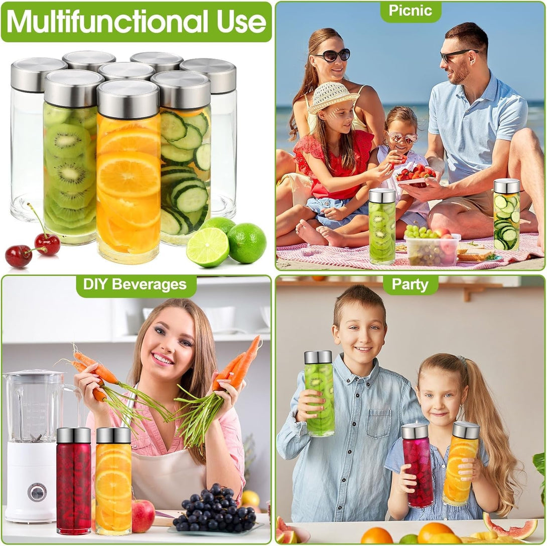 8 Pcs Wide Mouth Glass Water Bottles Reusable Glass Bottles with Lids Leakproof Juice Jars with Lids for Fridge Milk Juicing Smoothies Infused Water Beverage Kombucha Tea Drinking (Silver,16 Oz)