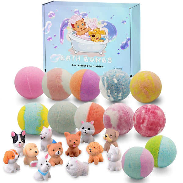 3.5 Oz XL Bath Bombs for Kids with Puppy Toys inside Kids Bath Bombs Organic Bubble Bath Fizzies Colorful Bomb 12 Pcs Set Birthday/Christmas Surprise Gift for Girls & Boys