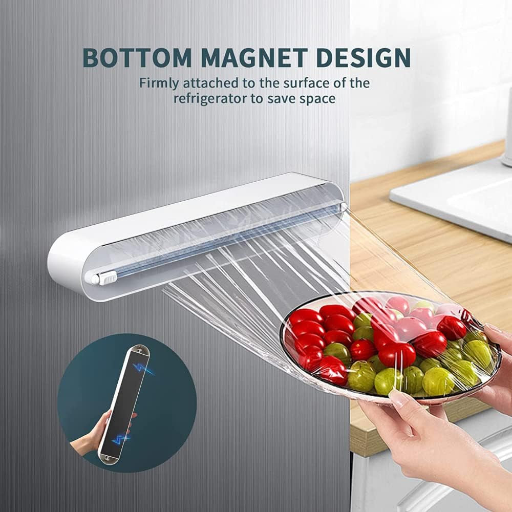 Refillable Magnetic Plastic Wrap Dispenser with Slide Cutter, Sturdy Food Cling Film Cutter, Press and Seal Wrap, 12" X 328' Roll BPA Free