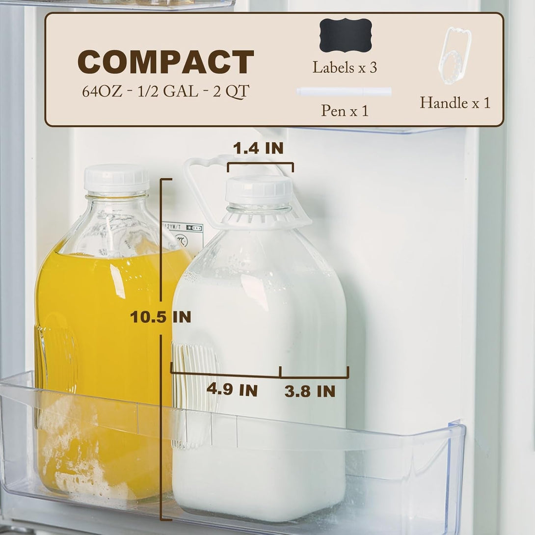 Glass Milk Jugs Bottle - 64Oz Water Container with Airtight Screw Lid, Half Gallon Juice Jar Pitcher for Storage Iced or Hot Drinks in Refrigerator, Set of 1