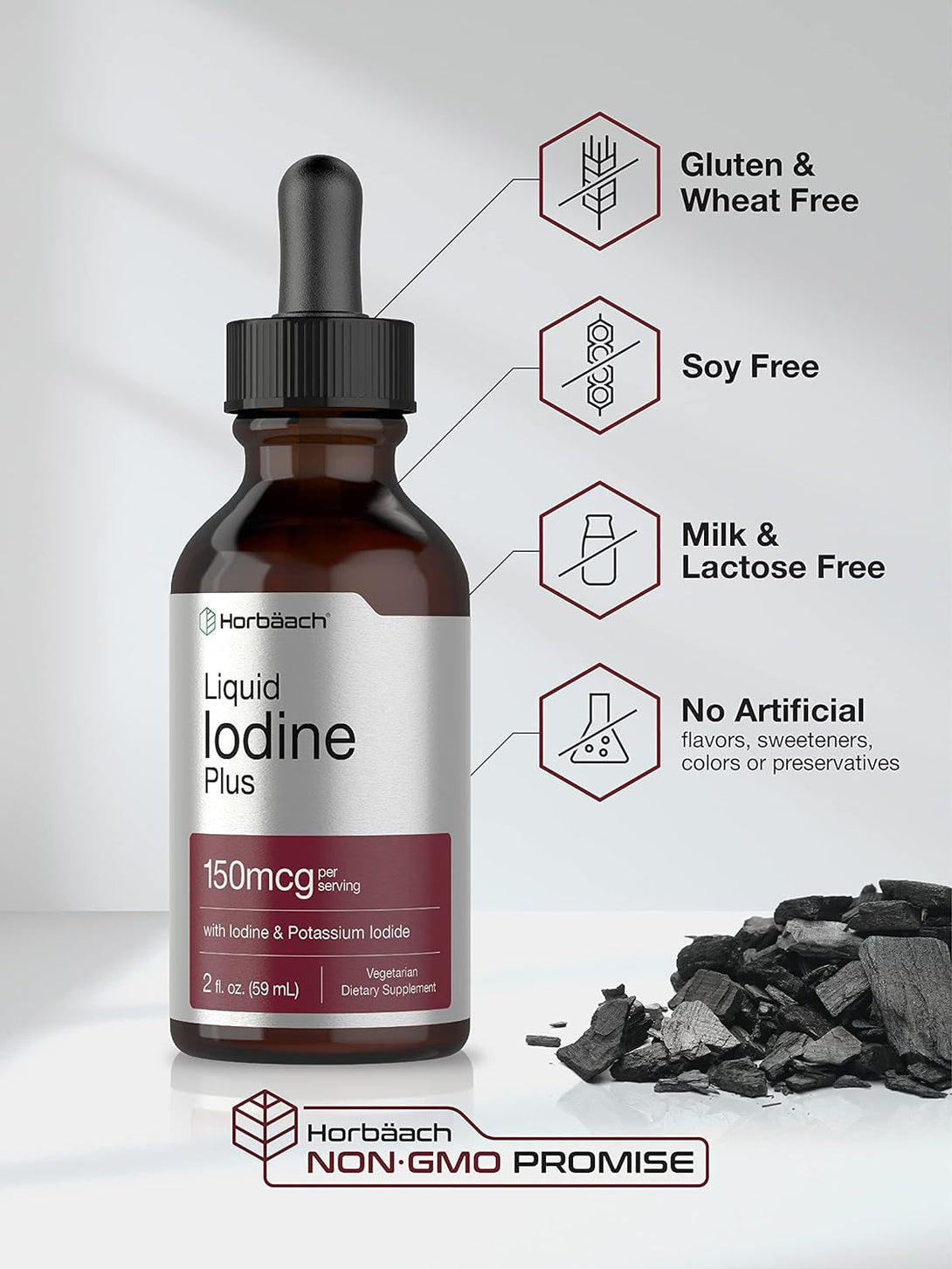 Horbäach Liquid Iodine Drops | 2 Fl Oz | 150 Mcg | Iodine & Potassium Iodide Liquid Tincture | Vegetarian, Non-Gmo, Gluten Free Supplement