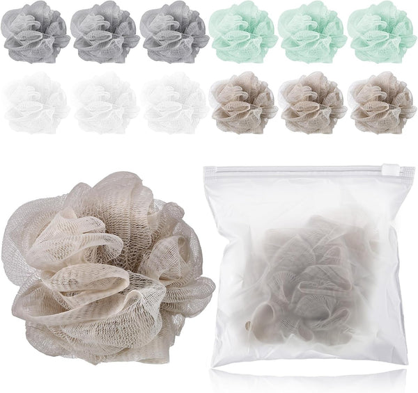 12 Pcs Travel Size Loofah Individually Wrapped, Small Shower Puff Bath Sponge Pouf Ball Bulk Mesh Bath Puff Mini Loofah Sponge with Case Bulk for Shower Care(Multicolor)