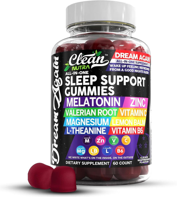 Clean Nutra Melatonin Gummies 10Mg | Sleep Aid Valerian Root L-Theanine Vitamin B6 C Lemon Balm Magnesium Hibiscus Beta Carotene Saffron & Chamomile Rest Support Supplement Raspberry Flavor