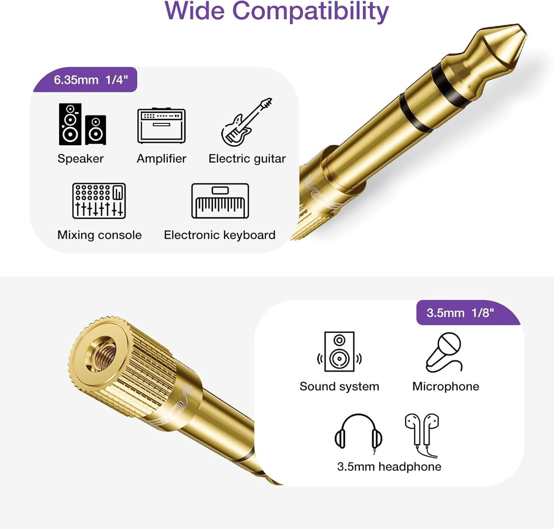VCE 6.35Mm (1/4 Inch) Male to 3.5Mm (1/8 Inch) Female Stereo Audio Jack Adapter for Aux Cable, Guitar Amplifier, Headphone, 2 Pack