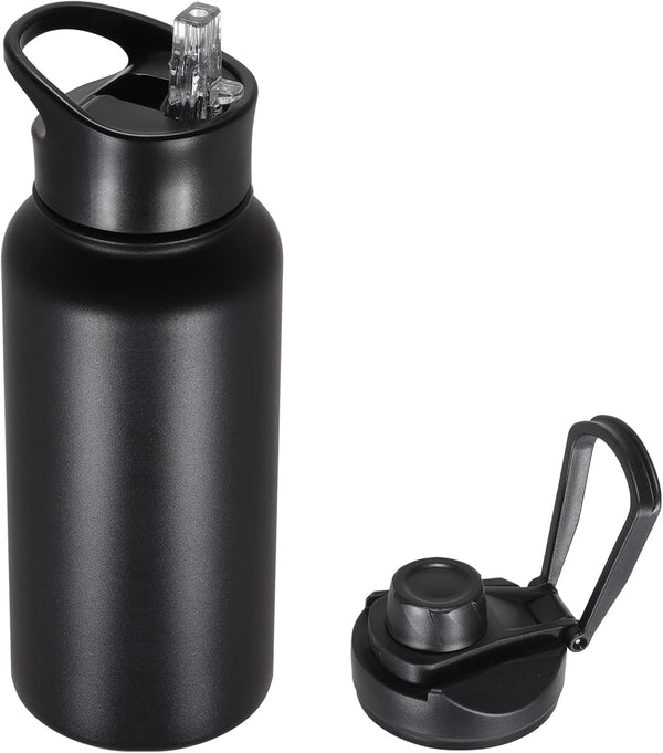 32 Oz Insulated Water Bottle with Straw Lid & Wide Mouth Lids, Stainless Steel Sports Water Bottles, Double Walled Vacuum, Leak Proof, Black