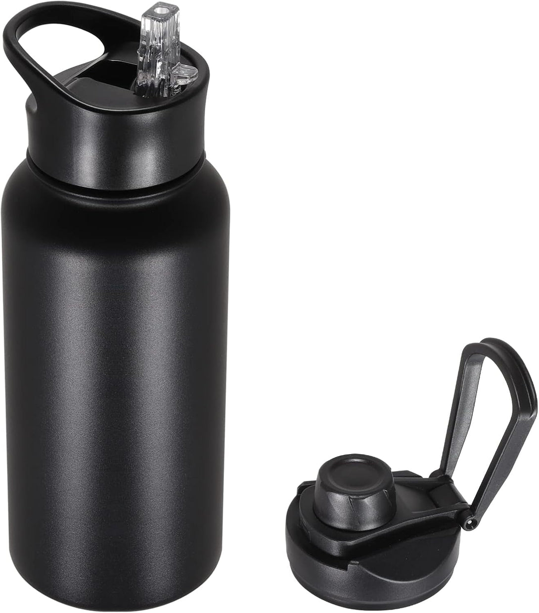 32 Oz Insulated Water Bottle with Straw Lid & Wide Mouth Lids, Stainless Steel Sports Water Bottles, Double Walled Vacuum, Leak Proof, Black