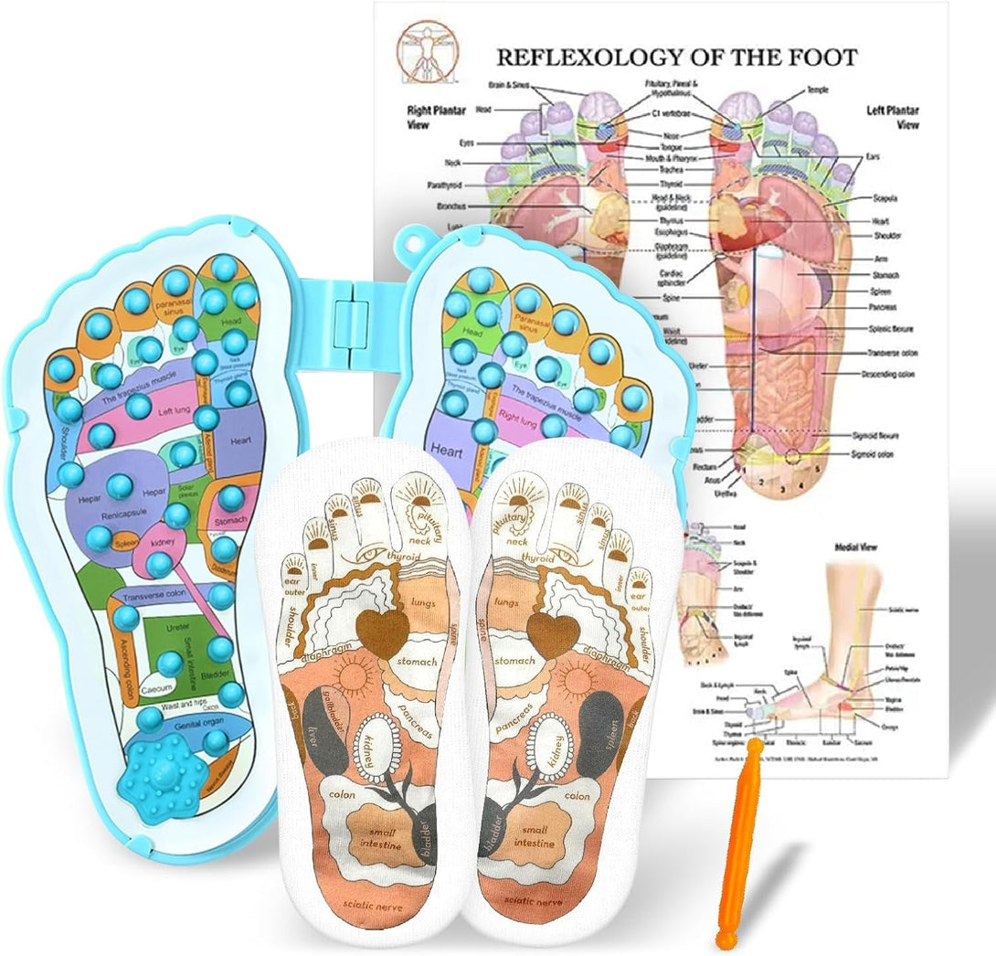 Acupressure Socks and Gloves - 4 Pcs Reflexology Socks with Tools, Tutorial Reflexology Gloves with Massage Sandal, Pain Relief Acupuncture Socks for Foot Massage，Updated Model
