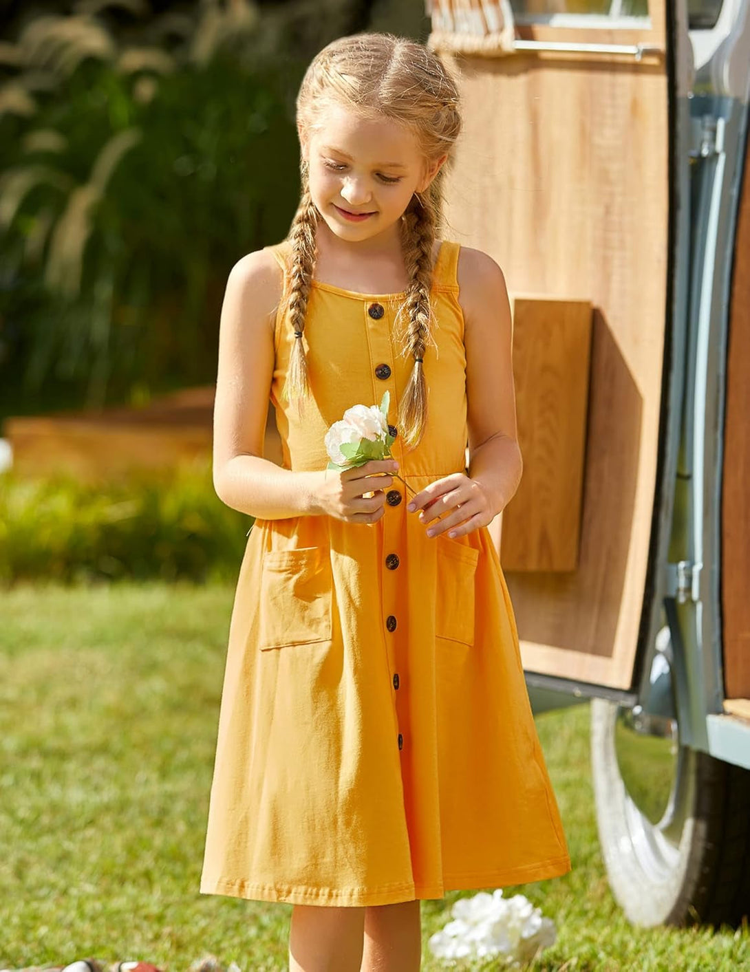 Arshiner Girl'S Spaghetti Strap Button down Midi Sleeveless Summer Casual Sundress A-Line Dress with Pockets