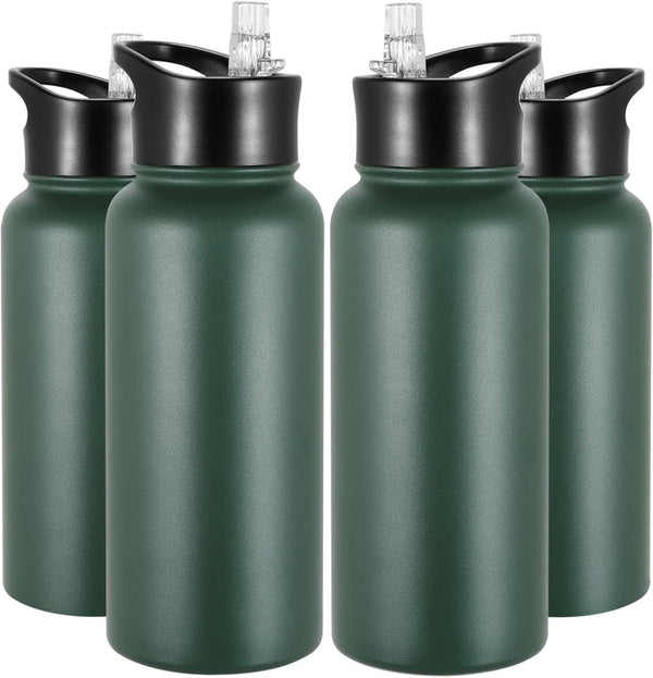 32 Oz Insulated Water Bottle Bulk 4 Pack, Stainless Steel Sports Water Bottles with Straw Lid & Wide Mouth Lids, Double Walled Vacuum, Leak Proof, Dark Green
