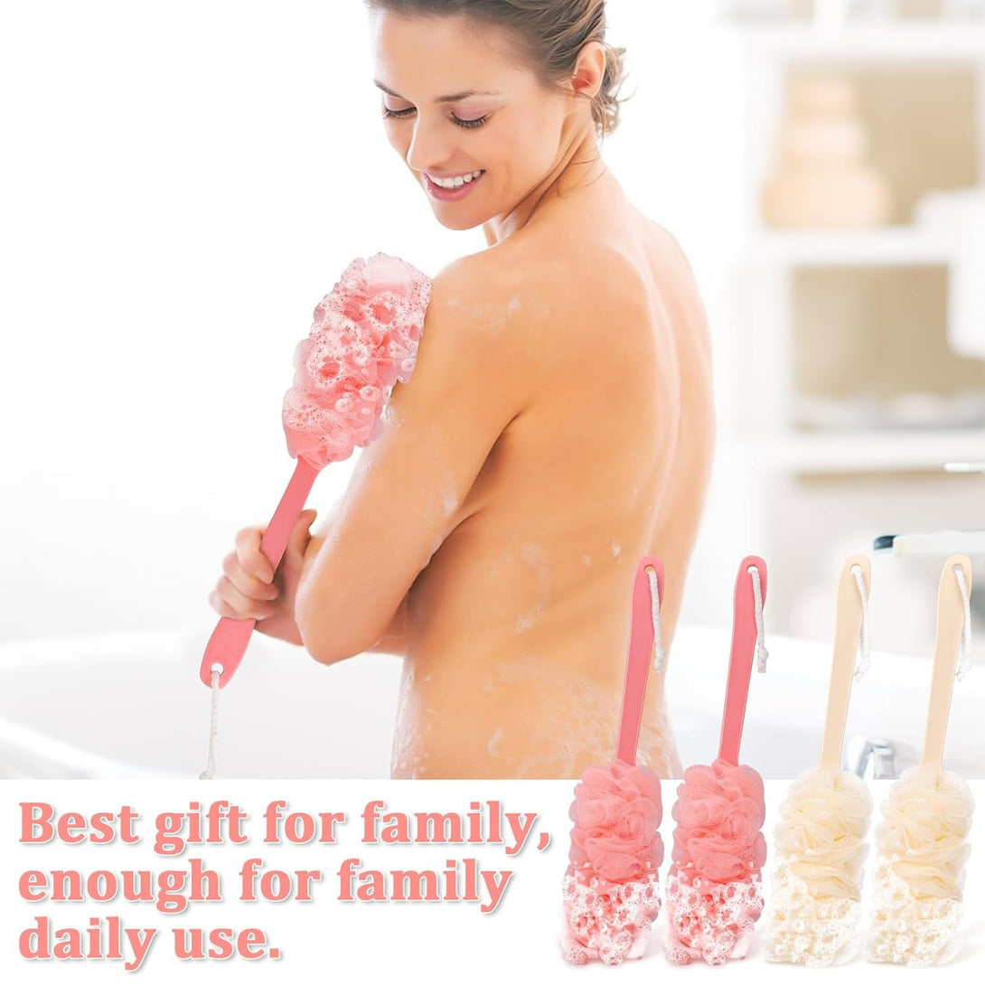 4Pack Back Scrubber for Shower Loofah with Long Handle, Shower Brush for Body, 17″ Loofah on a Stick for Men Women Bathing Accessories, Scrubber Sponge for Exfoliating Bath Brushes (Beige & Pink)