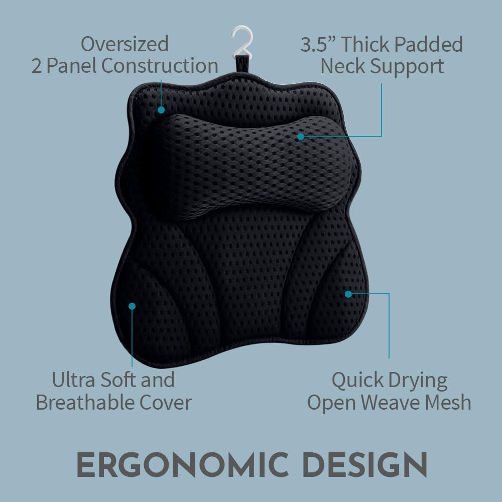 Wonderfoam Thick Padded Ergonomic Bath Pillow for Tub, Bathtub Headrest Neck and Back Support, Strong Suction Cups, Machine Washable Breathable Mesh Quick Dry Pillows, Luxury Spa Accessories, Black