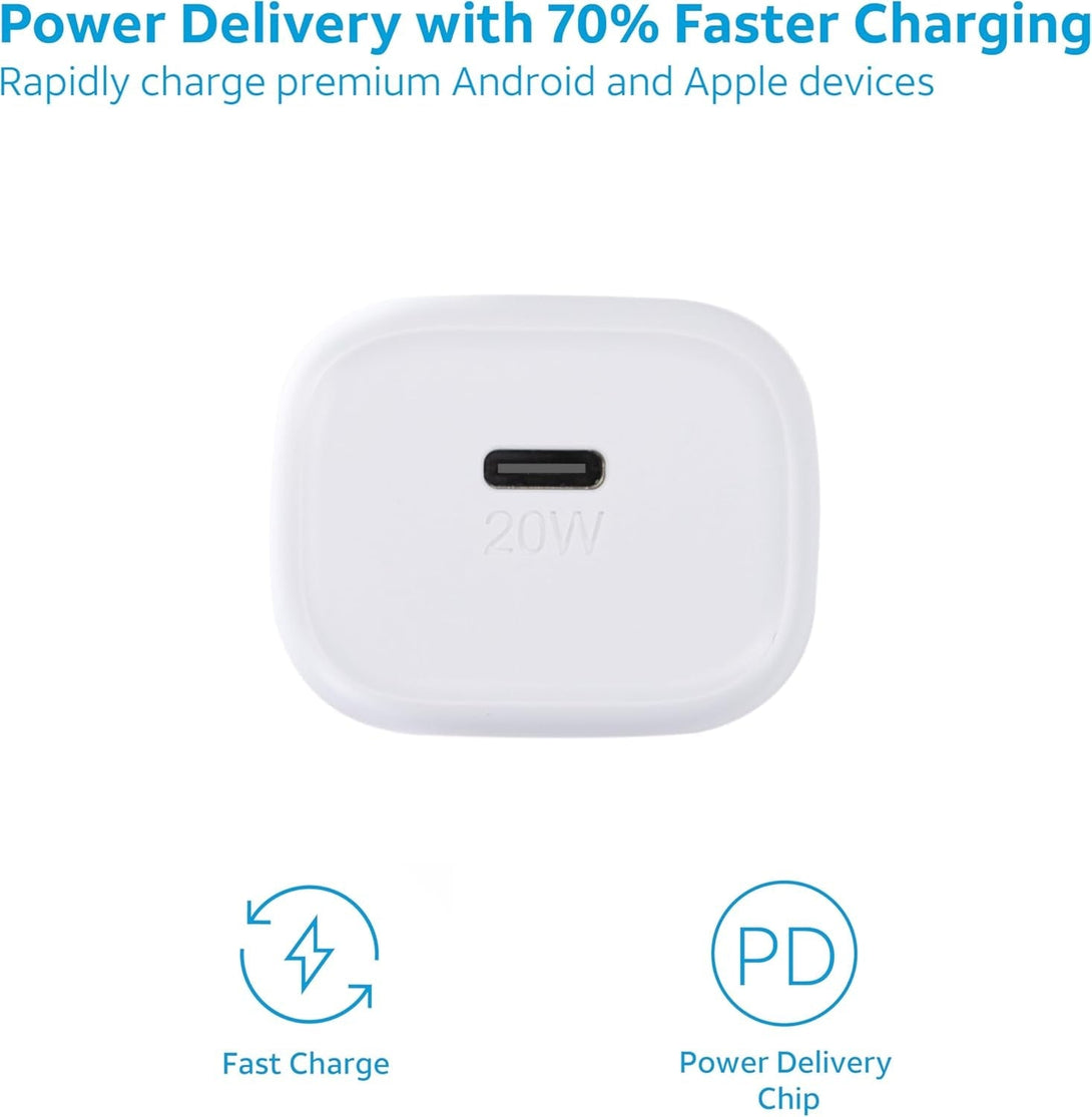 AT&T USB-C Wall Charger Fast Charging Power Adapter Foldable Prongs Travel-Friendly for Compatible with Iphone Ipad Samsung Galaxy Google Pixel (20W White)