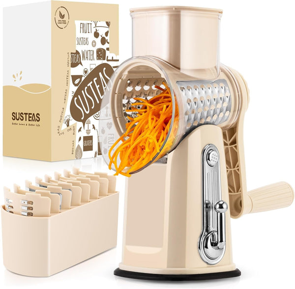 SUSTEAS Rotary Cheese Grater with Handle - Vegetable Shredder with 5 Well-Designed Blades & Strong Suction Base,Round Mandoline Slicer & Food Chopper for Kitchen,With Blade Storage Box(Beige)