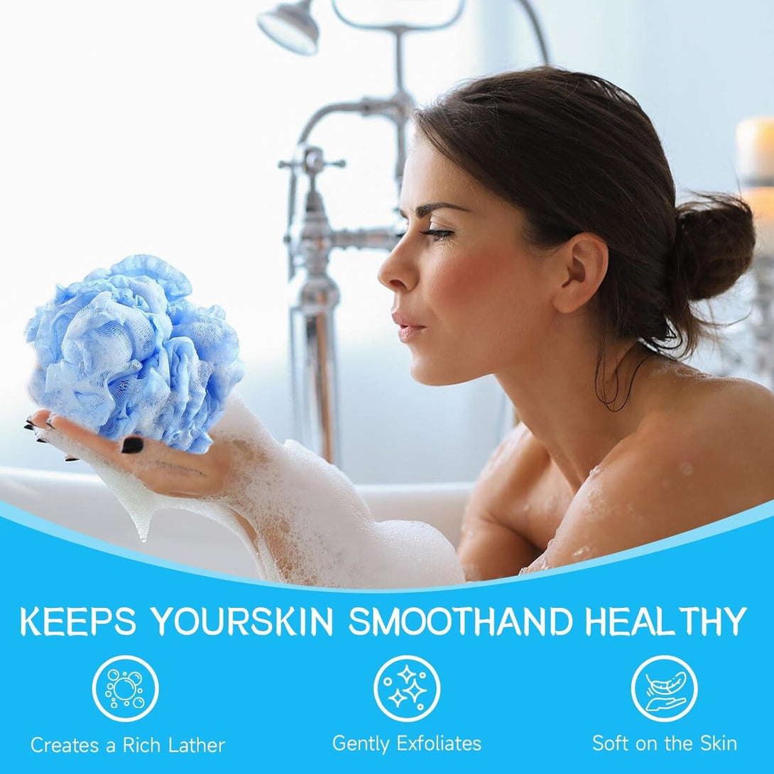 Loofah Sponge Shower Loofahs Bath Sponges Mesh Balls for Women Men Bathing Accessories Body Wash Back Scrubber 50G 4 Colors Soft Pouf Body Scrubber Loofahs Puff Pack, Exfoliate, Cleanse, Soothe Skin.