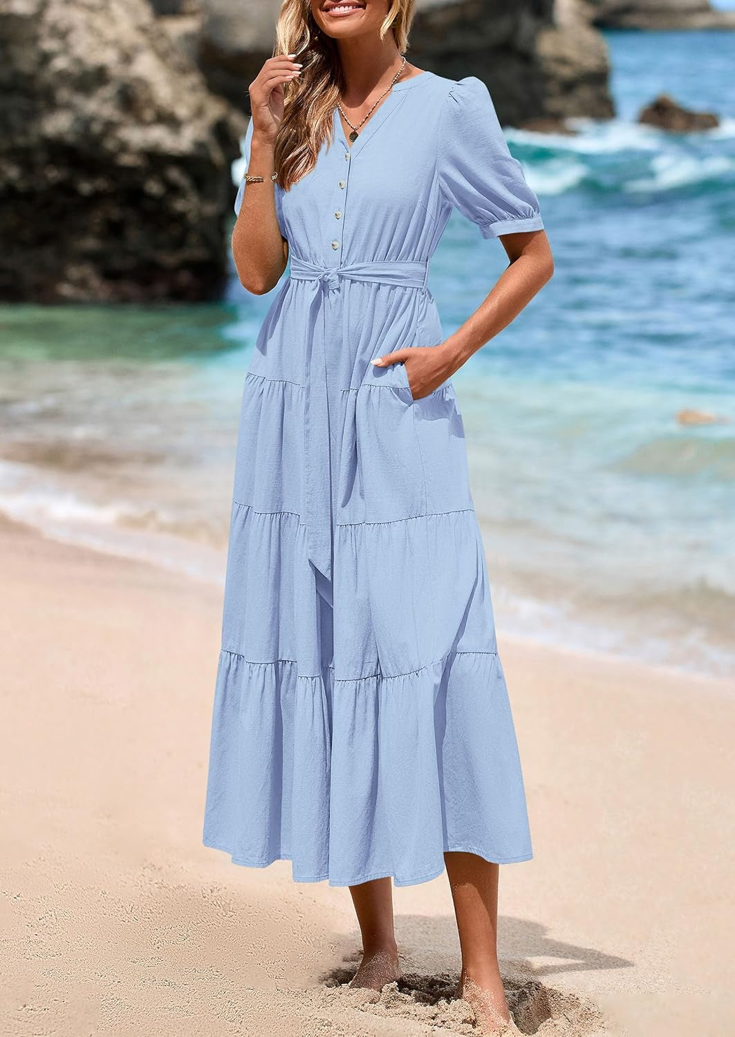 PRETTYGARDEN Women'S Midi Dress 2025 Summer Casual Short Sleeve V Neck Buttons Belted Ruffle a Line Flowy Dress with Pockets