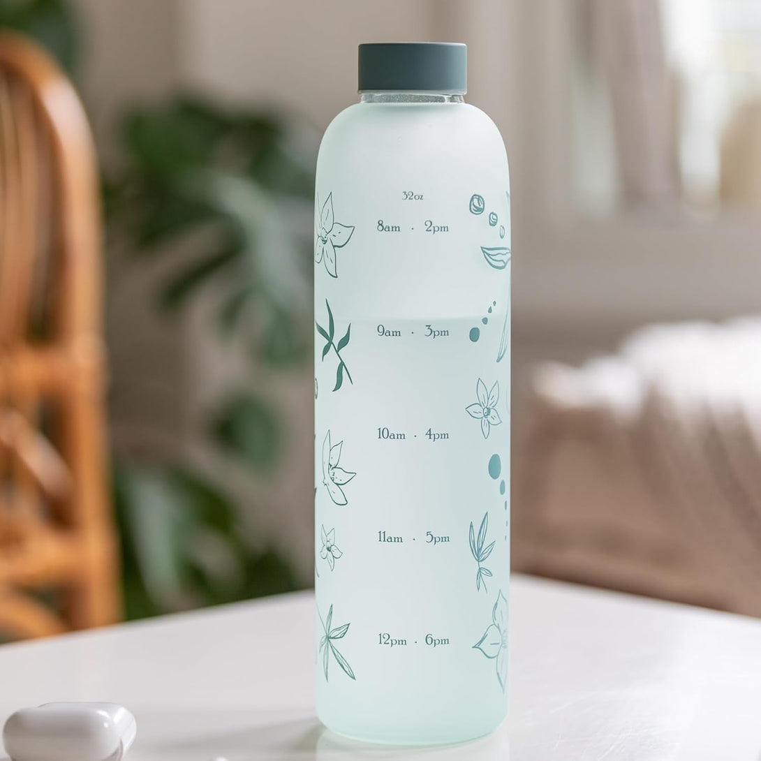 32 Oz Glass Water Bottle with Time Marker, BPA Free Borosilicate Glass, Premium Leakproof Reusable Water Bottle with Times to Drink (Sage Serenity)
