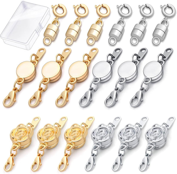 18 Pcs 3 Styles Magnetic Necklace Clasps and Closures, Rose round Cylindrical Jewelry Magnetic Clasp Connector Locking Magnetic Clasp Bracelet Extender for Jewelry Making (Gold, Silver)
