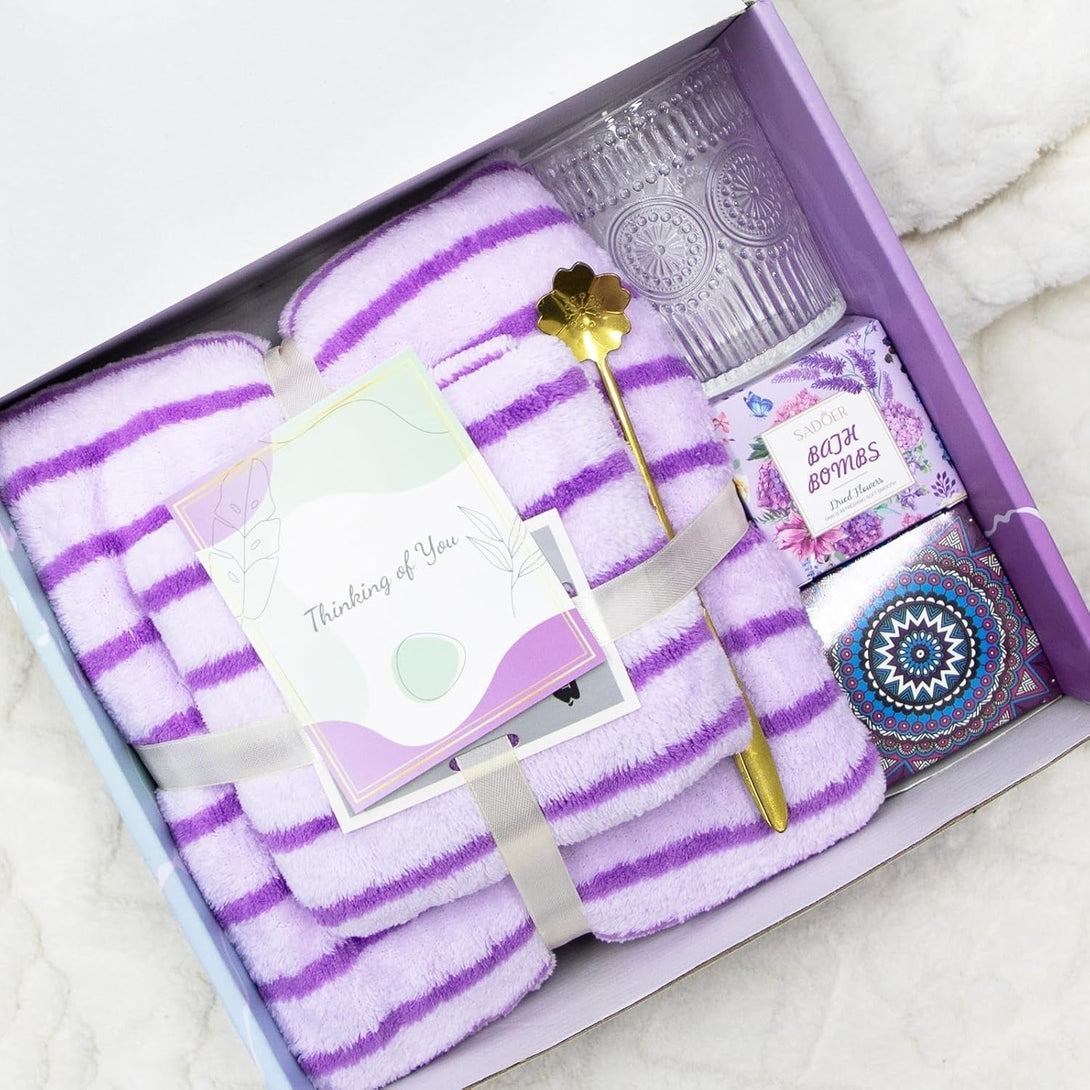 Get Well Soon Gift Basket for Women, Self Care Spa Gift Baskets with Blanket, Thinking of You for Birthday Mom, Sister, Wife, Friend or Care Package for Women, Purple
