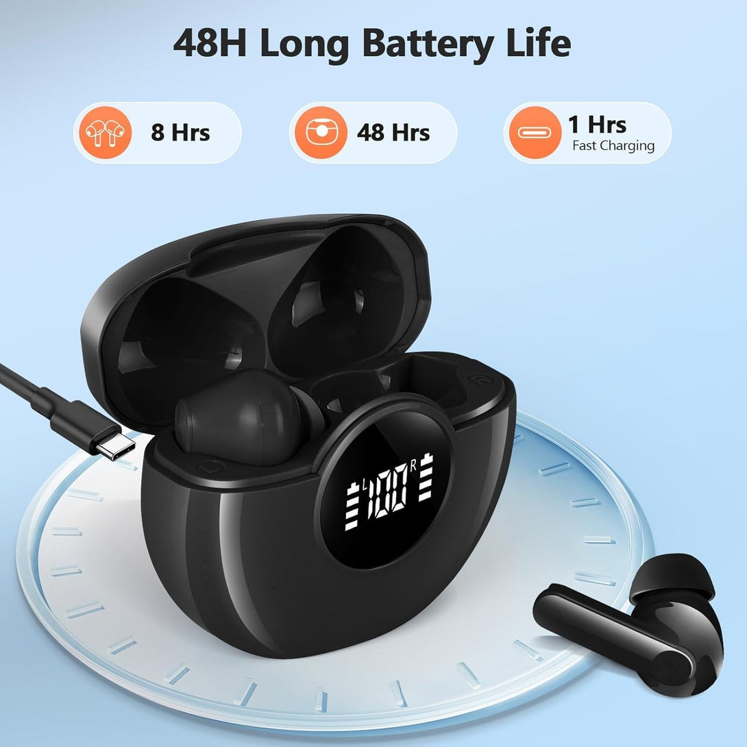 Wireless Earbuds 2025 NEW Bluetooth 5.4 Headphones Bass 3D Stereo, In-Ear Earphones with 4 ENC Noise Cancelling Mic, 48H Playtime with LED Display, IPX7 Waterproof for Laptop Pad Android Ios, Black