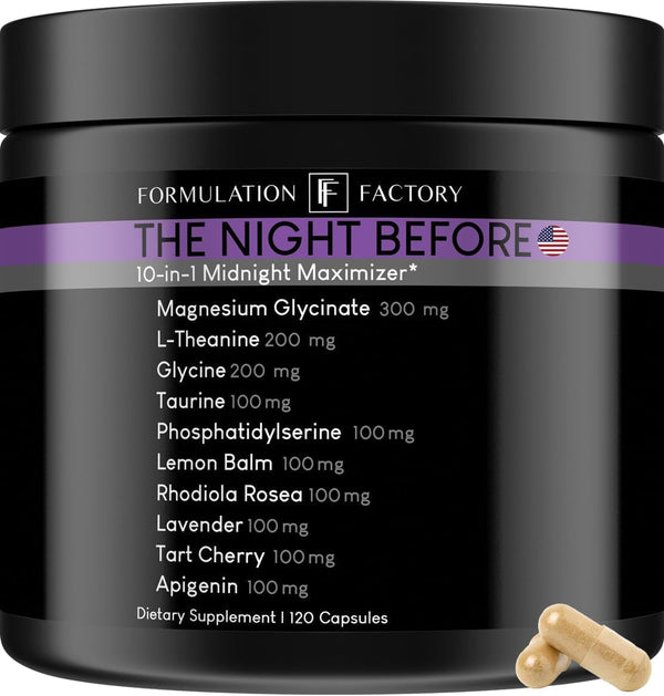 The Night Before: 10-In-1 Midnight Maximizer, Sleep Aid, Stress Relief, Cognition, Relaxation, Recovery, Magnesium Glycinate, L-Theanine, Glycine, Taurine, Lemon Balm, Rhodiola, Lavender (2 Months)