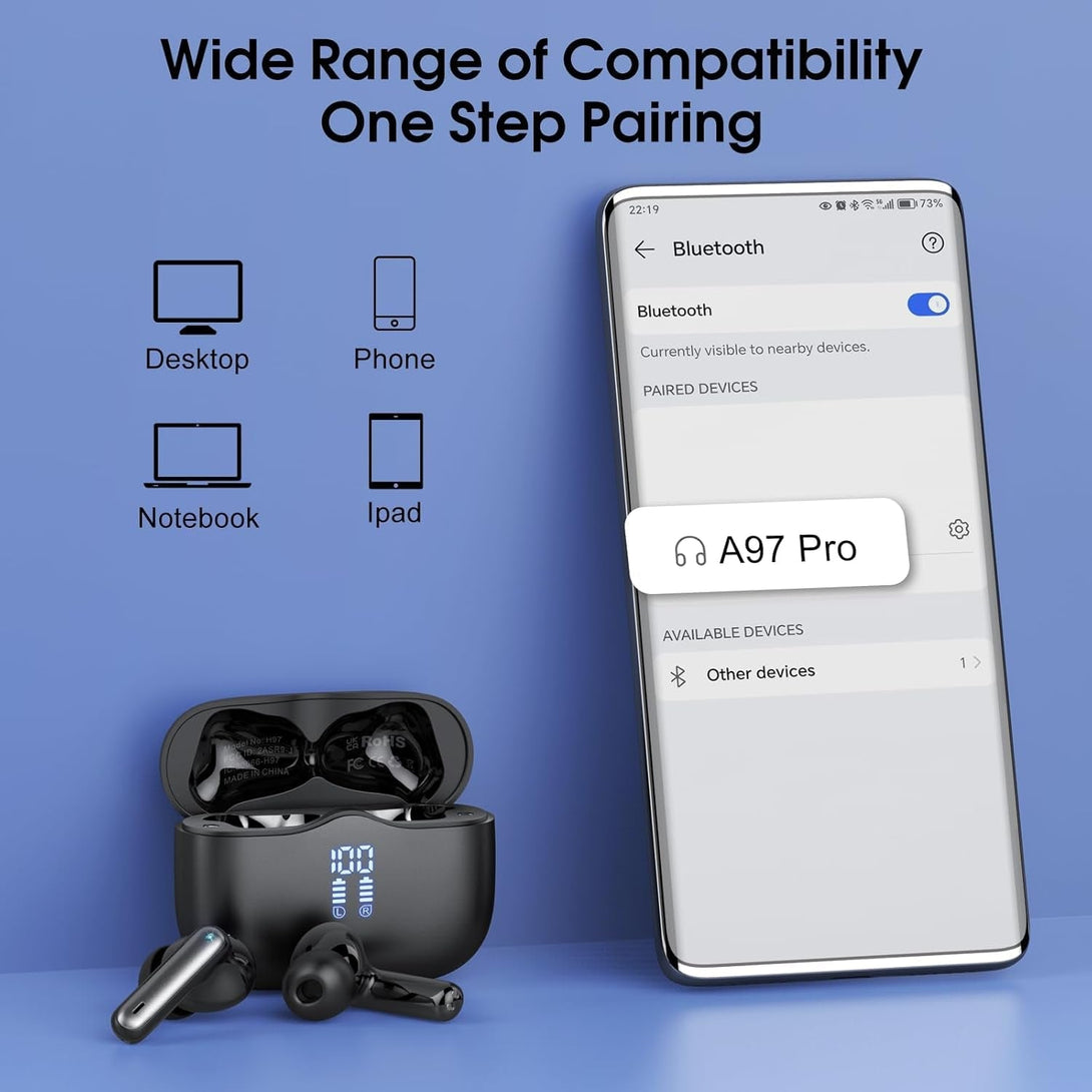 Wireless Earbuds, 2025 Bluetooth 5.4 Headphones in Ear with Stereo Deep Bass, 40H Bluetooth Ear Buds with 4 ENC Noise Cancelling Mics, IP7 Waterproof Earphones Hands-Free Calls Dual LED Display USB-C