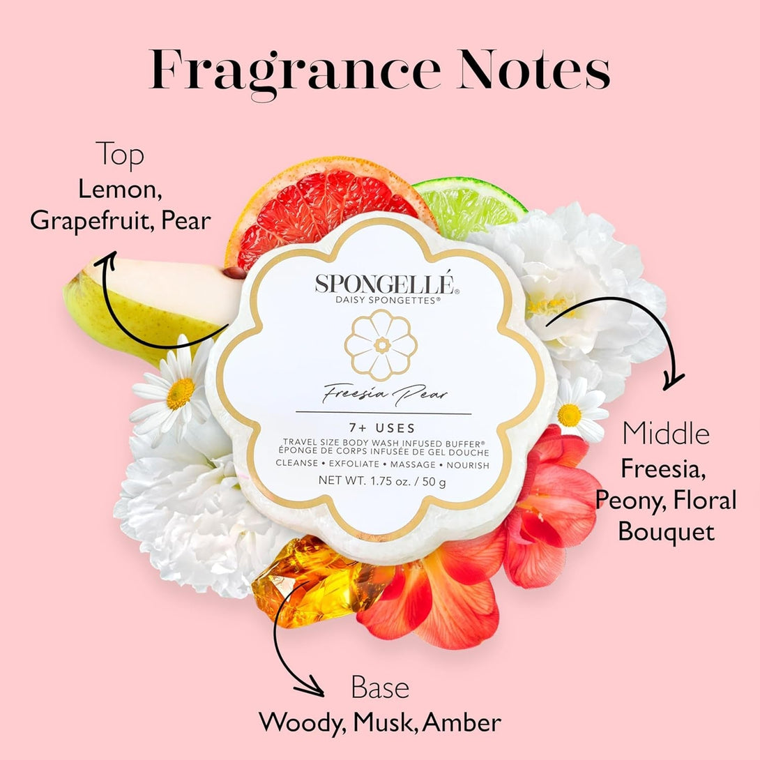 Spongelle Freesia Pear Spongette Loofah Body Scrubber | Bath & Shower Loofah for Women | Body Scrubber Exfoliator with Body Wash Infused Sponge | 5+ Uses | Fresh Freesia, Juicy Pear & Musk