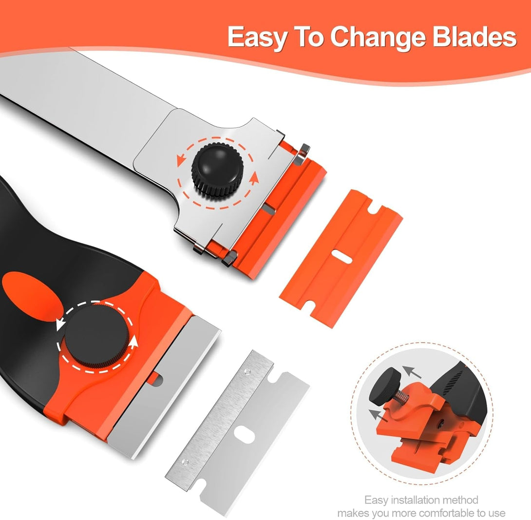 3 Pack Razor Blade Scraper Set, Includes 30 Plastic & 30 Metal Blades, Multi-Purpose Tool for Glass, Cooktop, Sticker Removal, Paint & Gum Cleaning (Orange)