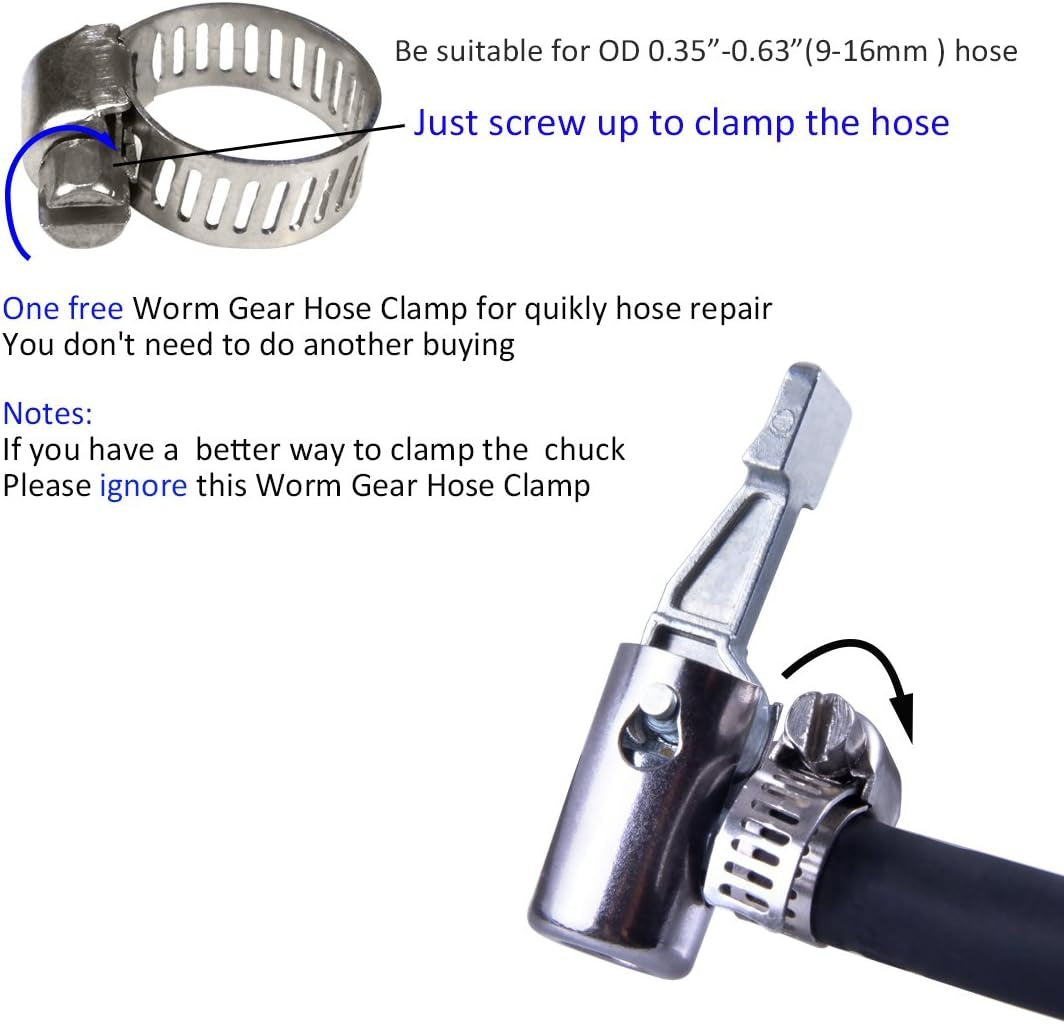 1/4" Lock on All Metal Air Chuck,Mini Air Compressor Portable Tire Inflator Tire Chuck, Hose End with Barb Connector for Hose Repair Inflate Chuck-2Pack