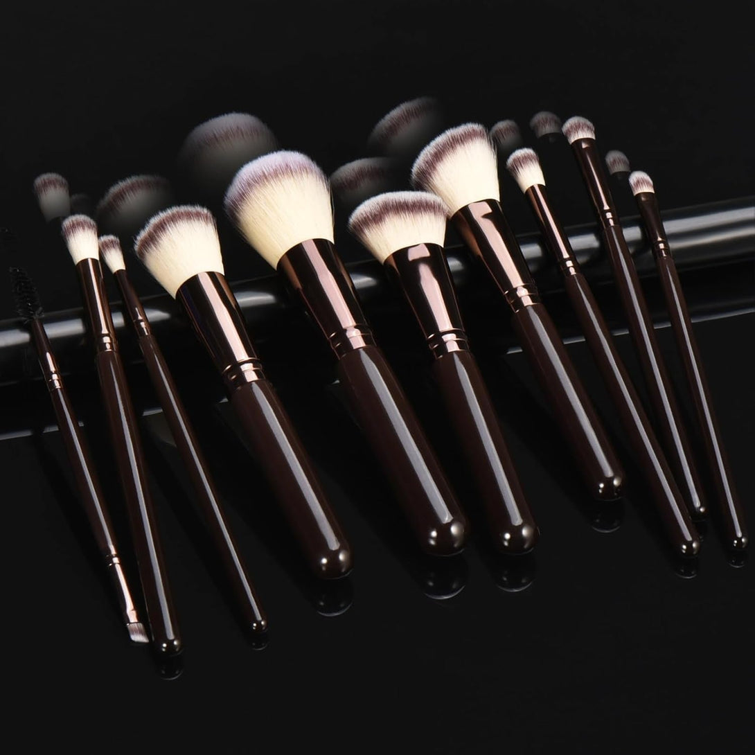 10 Piece Black Brown Makeup Brushes - Wooden Handle with Soft Synthetic Bristles,For Face & Eye Makeup|Professional Makeup Brushes Set for Women & Girls|