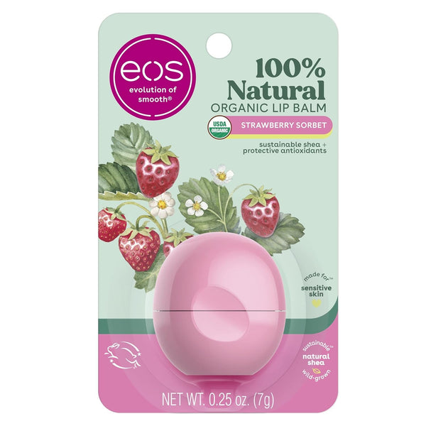 Eos 100% Natural & Organic Lip Balm- Strawberry Sorbet, All-Day Moisture, Dermatologist Recommended for Sensitive Skin, Lip Care Products, 0.25 Oz
