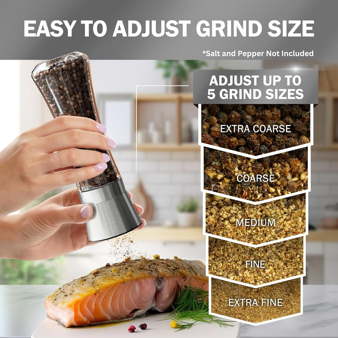Home EC Premium Stainless Steel Sea Salt and Pepper Grinder Set of 2 - Adjustable Ceramic - Tall Glass Salt and Pepper Shakers - Kitchen Spice Mill W/Funnel & Ebook