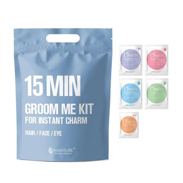 15 Min Groom Me Kit by Naisture â€“ Korean at Home Spa Kit for Men with Hair Mask, Collagen Mask, Tea Tree Face Mask, Hyaluronic Acid Mask, and Eye Mask
