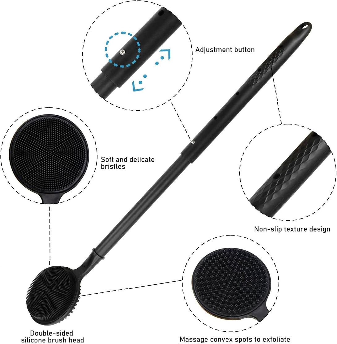 Dual-Sided Silicone Back Scrubber for Shower - Adjustable Long Handle (15.75"-23.62") - Shower Back Brush with Exfoliating & Massage Nubs - Perfect for Elderly, Disabled, Limited Arm Movement(Black)