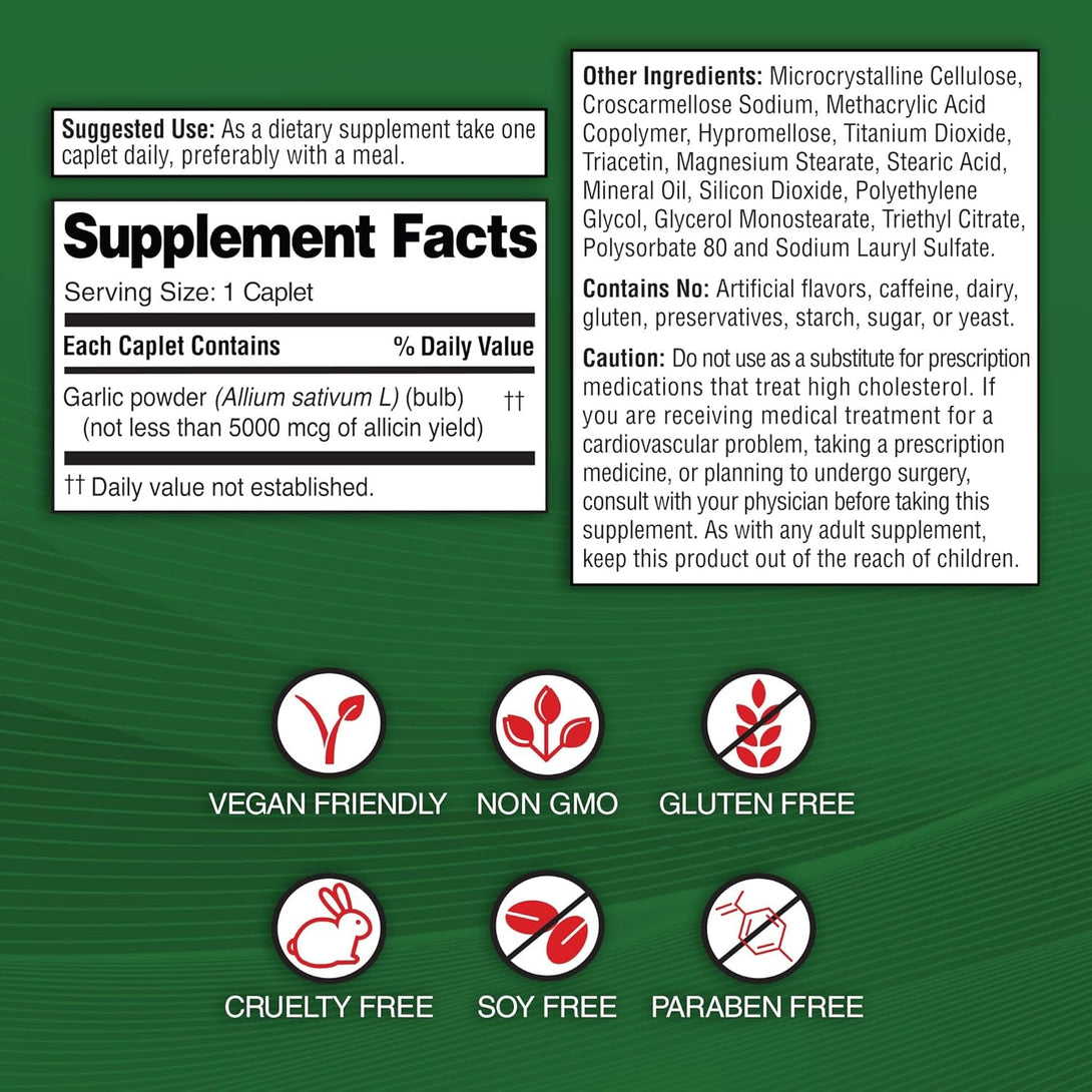 Garlique Garlic Extract Supplement, Healthy Blood Pressure Formula, 1800 Mcg Allicin, Odorless & Vegan, 60 Caplets