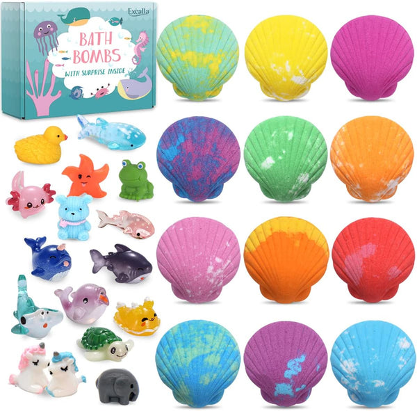 Bath Bombs for Kids with Toys inside for Girls Boys - 12 Handmade Bubble Bath Fizzies Bomb with Surprise Sea Animals Toys, Moisturize Gentle and Kids Safe