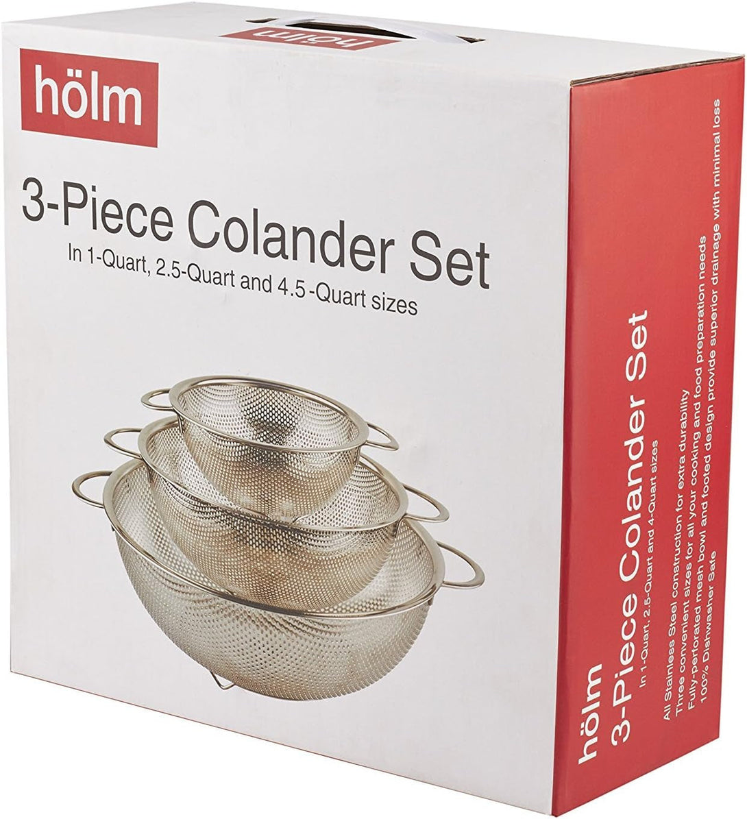 3-Piece Stainless Steel Mesh Micro-Perforated Strainer Colander Set (1-Quart, 2.5-Quart and 4.5-Quart)
