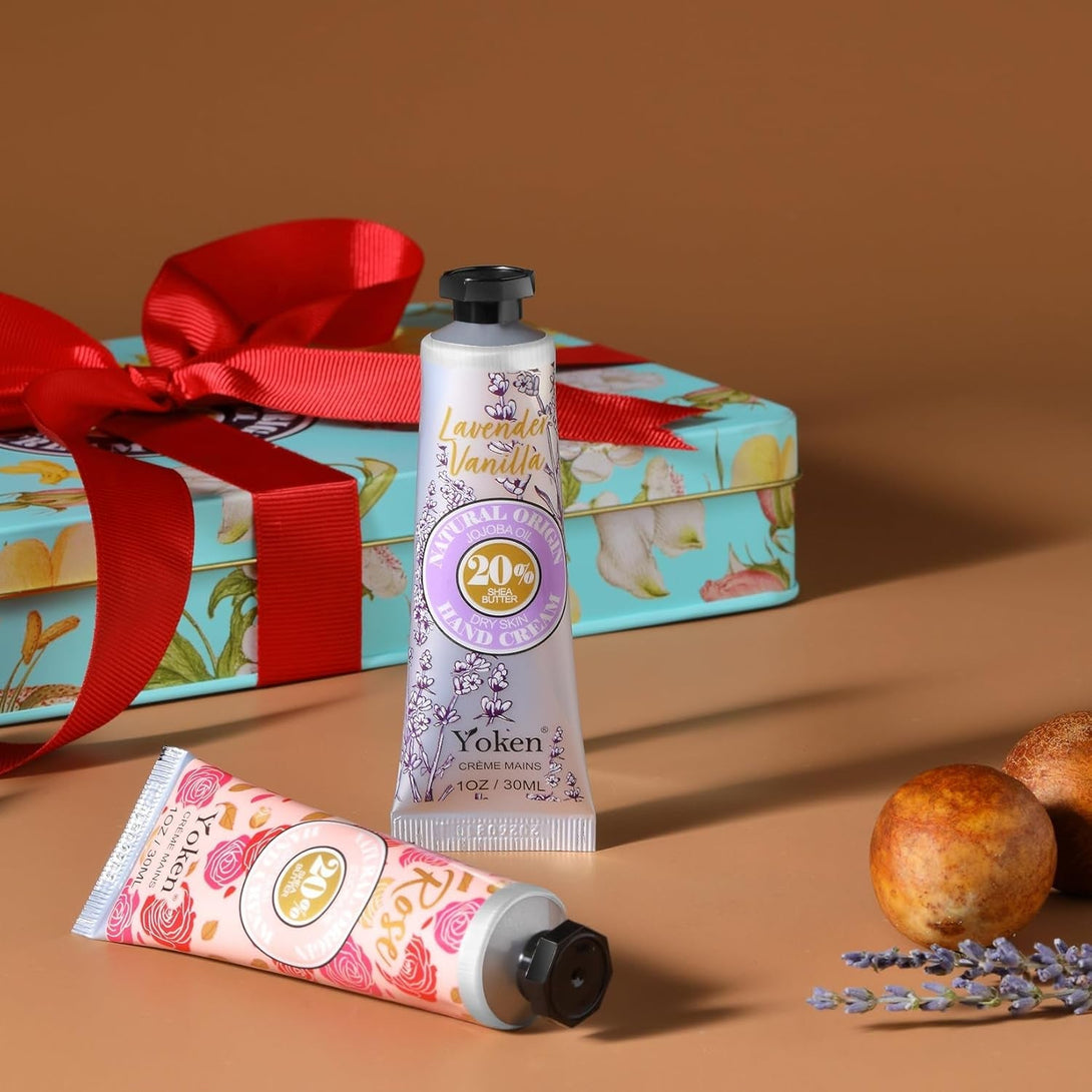 20% Shea Butter Hand Cream Gift Set, Instant Moisturizing Hand Cream for Women Dry Hands with Delicate Tin, Floral-Scented Hand Lotion 6 X 1 OZ