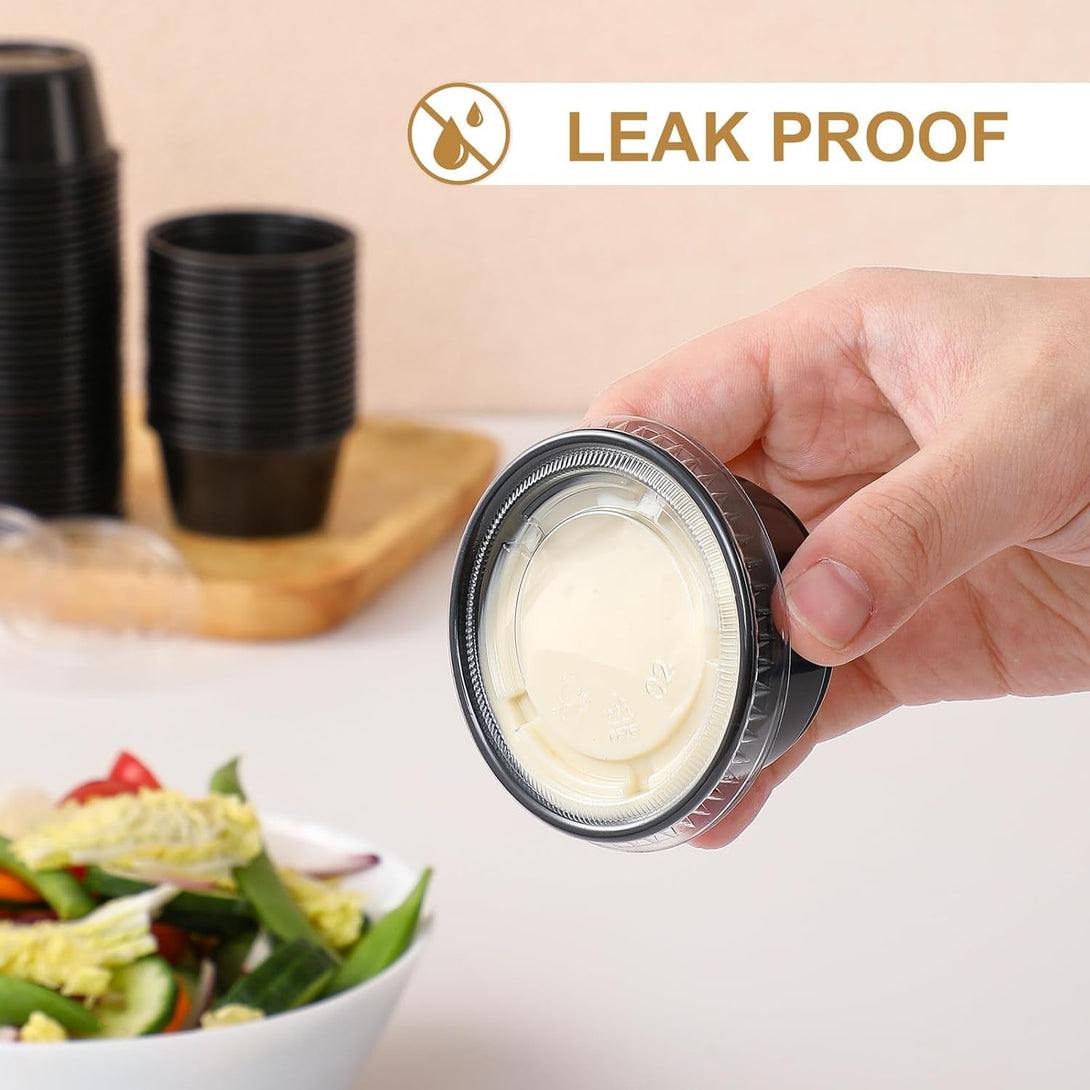 AOZITA 200-2 Oz Black Jello Shot Cups, Portion Cups, Small Plastic Containers with Lids, Airtight Souffle Cups, Salad Dressing Container, Sauce Cups, Condiment Cups for Lunch, Party to Go, Trips