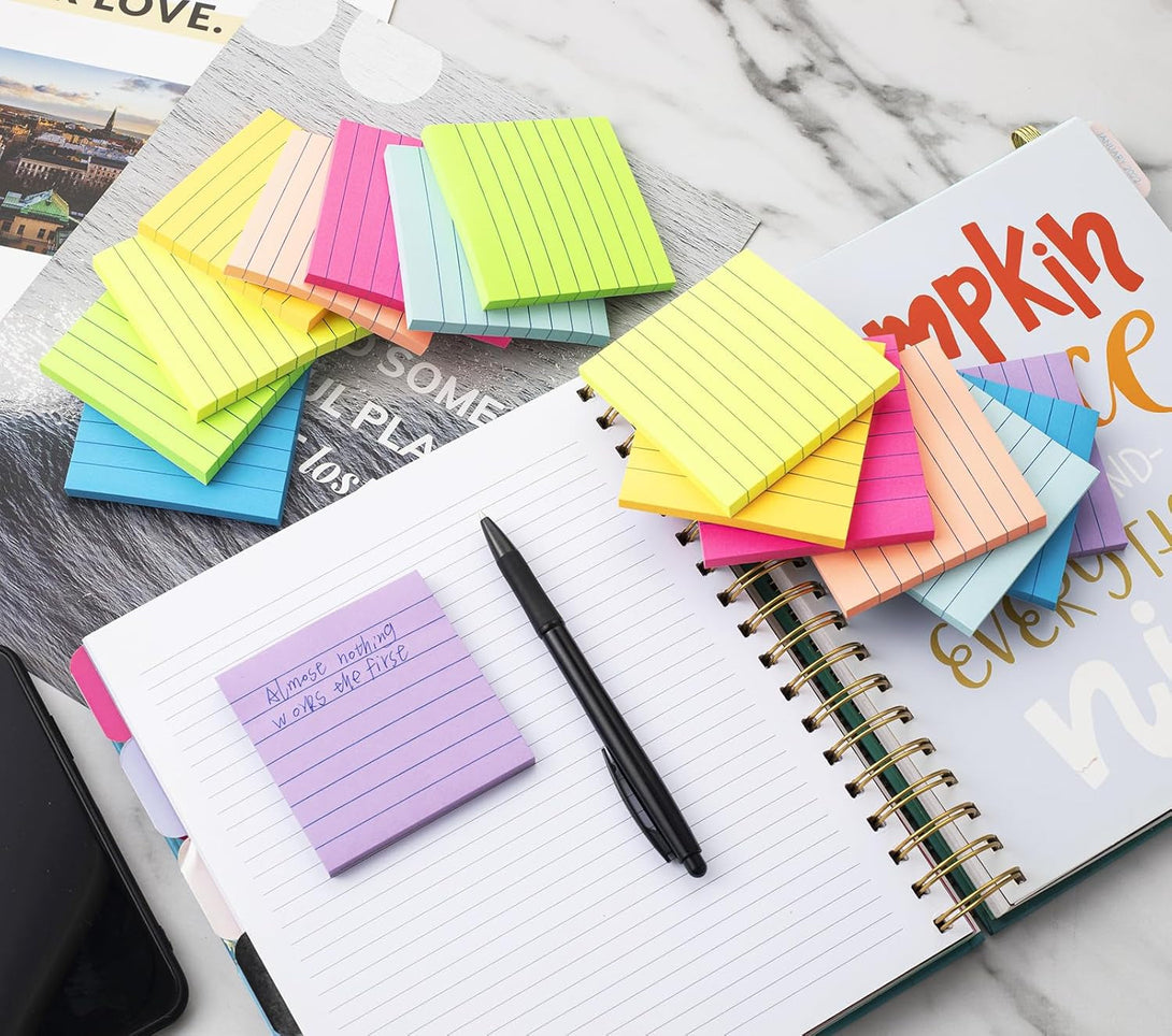(16 Pack) Lined Sticky Notes 3X3 in Post Ruled Stickies Super Sticking Power Memo Pads Bright Colors