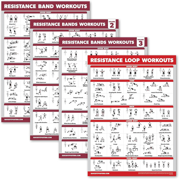 4 Pack - Resistance Bands Workout Exercise Posters Volume 1, 2 & 3 + Resistance Loops Fitness Chart (LAMINATED, 18" X 24")