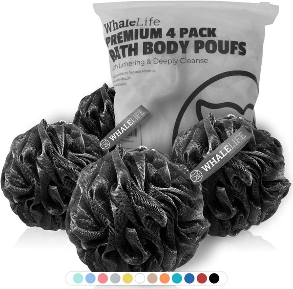 Shower Puff 4 Pack Black Bath Sponge Shower Loofahs Pouf Ball Nature Bamboo Charcoal Mesh Bulk Puffs Large, Shower Essential Skin Care by Whalelife