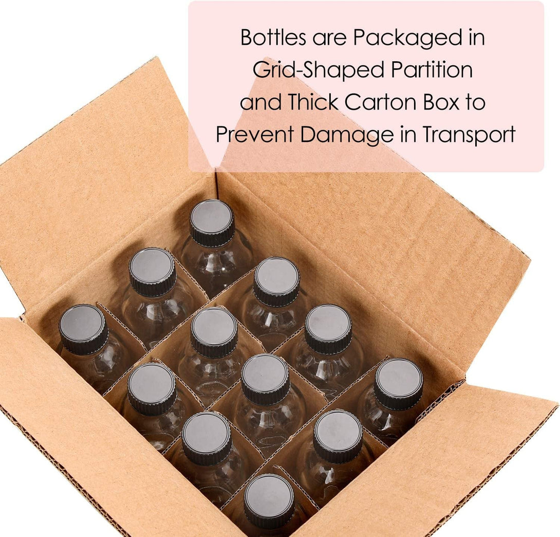 AOZITA 12 Pack, 2 Oz Small Clear Glass Bottles W/Lid & 3 Funnels - 60Ml Boston Shot Bottles for Health, Immunity, Potion, Wellness, Sample, Ginger, Juice - Mini Personal Care & Beauty Travel Bottle