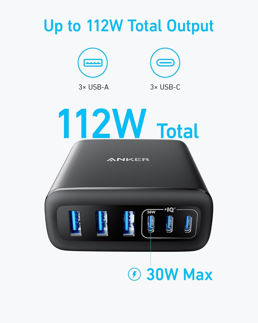 Anker Desktop Charger, Fast Charging USB C Charger, 112W Max 6-Port Charging Station, for Iphone, Ipad, Macbook, Samsung and More (Cable Not Included)