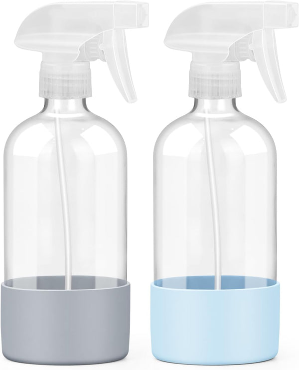 2 Pack Glass Spray Bottles with Silicone Sleeve, 16 Oz Empty Refillable Containers with Adjustable Spray Nozzles, Spray Bottles for Hair, Cleaning Solutions and Plants Blue&Grey