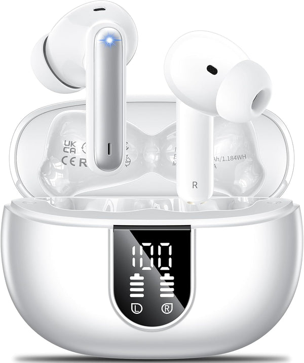Wireless Earbuds, 2024 Wireless Headphones Hifi Stereo Earphones with 4 ENC Noise Canceling Mic, 42Hs Playtime in Ear Earbud, Bluetooth 5.3 Sport Earphones with LED Power Display for Android Ios White