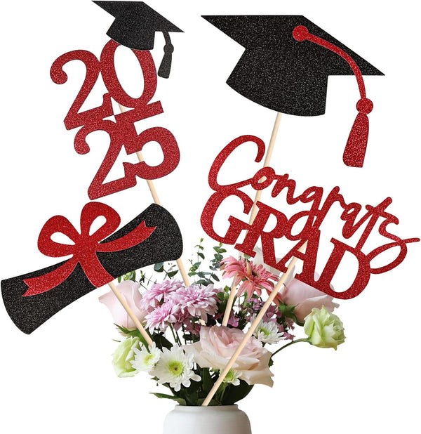 20 PCS Graduation Decorations Class of 2025, Black and Red Double-Sided Centerpieces, Grad Cap Sticks, Table Toppers, Graduation Party Decorations