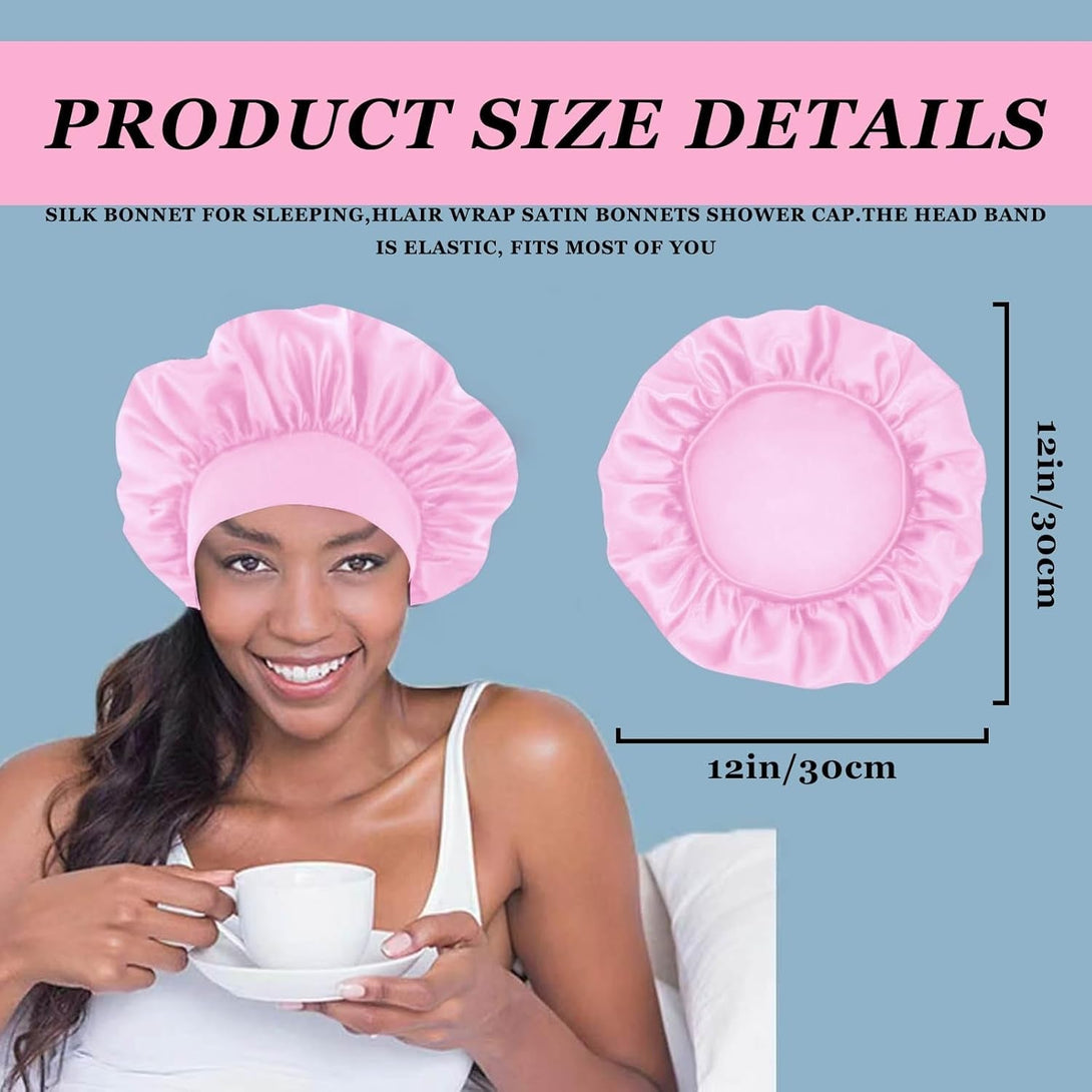 4PCS Satin Hair Bonnet for Sleeping,Bonnets for Black Women Men,Silk Bonnet for Sleeping,Hair Wrap Cap for Curly Hair,Elastic Wide Band Hair Bonnet Shower Cap (Black & Blue & Pink & Purple)