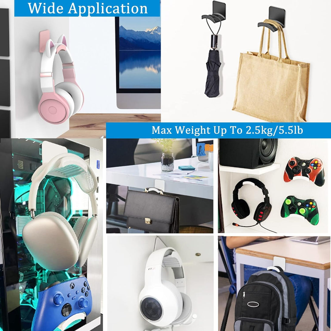 SOKUSIN Headphone Stand Headset Holder - Adhesive Gaming Earphones Hanger, Universal Desk Wall Mount Hook for All Headphone/Controller, Compatible with Beats, Airpods Max,Sony, JBL (Black-2Pcs)